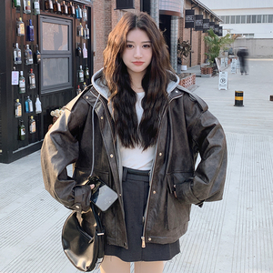 美拉德棕色假两件皮衣外套女春季2025新款时尚小个子宽松短款夹克图片