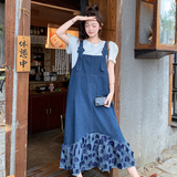 学院风花瓣拼接牛仔背带连衣裙套装女夏2025新款减龄甜美爆款裙子，女装连衣裙，2D082
