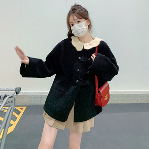 娃娃领黑色羊羔毛外套女秋冬2024新款皮毛一体学院风甜美棉服大衣图片