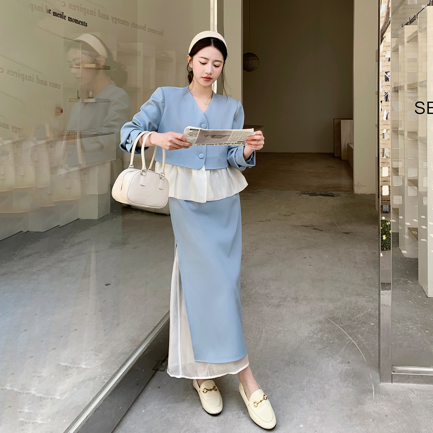 新品！西装V领法式拼接蕾丝+包裙2D082-G301-P215348,女装西装,2D082