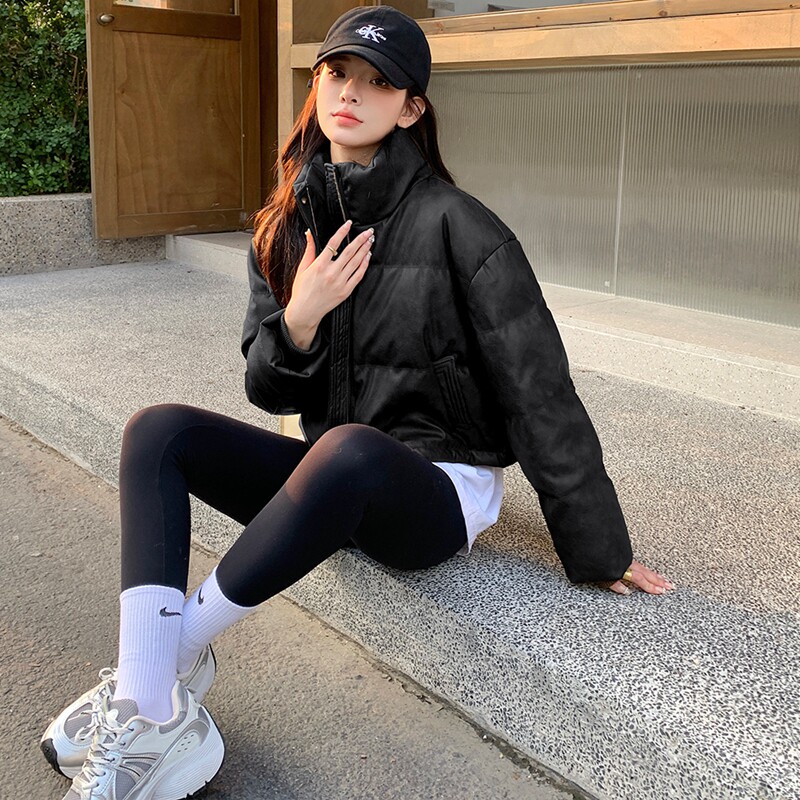美拉德咖色短款pu皮羽绒服女冬2024新款高级感超好看小个子蛋白皮,女装羽绒服,2D082