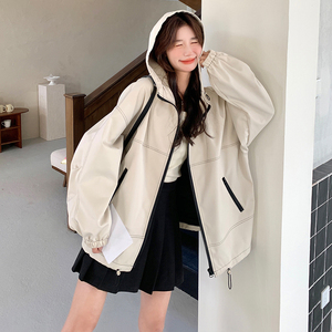 韩系工装外套女小个子宽松休闲2025年秋季新款灯笼袖白色连帽夹克图片