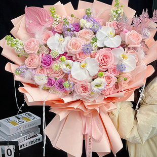 原创鲜花速递同城北京紫粉玫瑰花束花店蝴蝶兰粉掌龙胆生日配送花