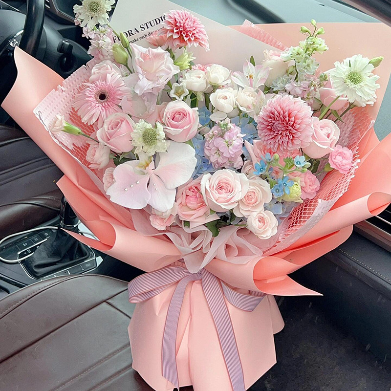 混搭鲜花速递同城北京粉红雪山玫瑰花束花店紫罗兰生日配送花FH02