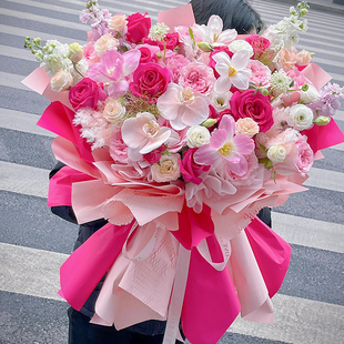 原创鲜花速递同城北京弗洛伊德粉玫瑰花束花店郁金香生日配送花