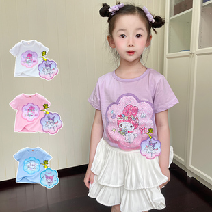 夏款 童装 上衣纯棉圆领女孩2024新款 女童亮片变色T恤卡通休闲短袖