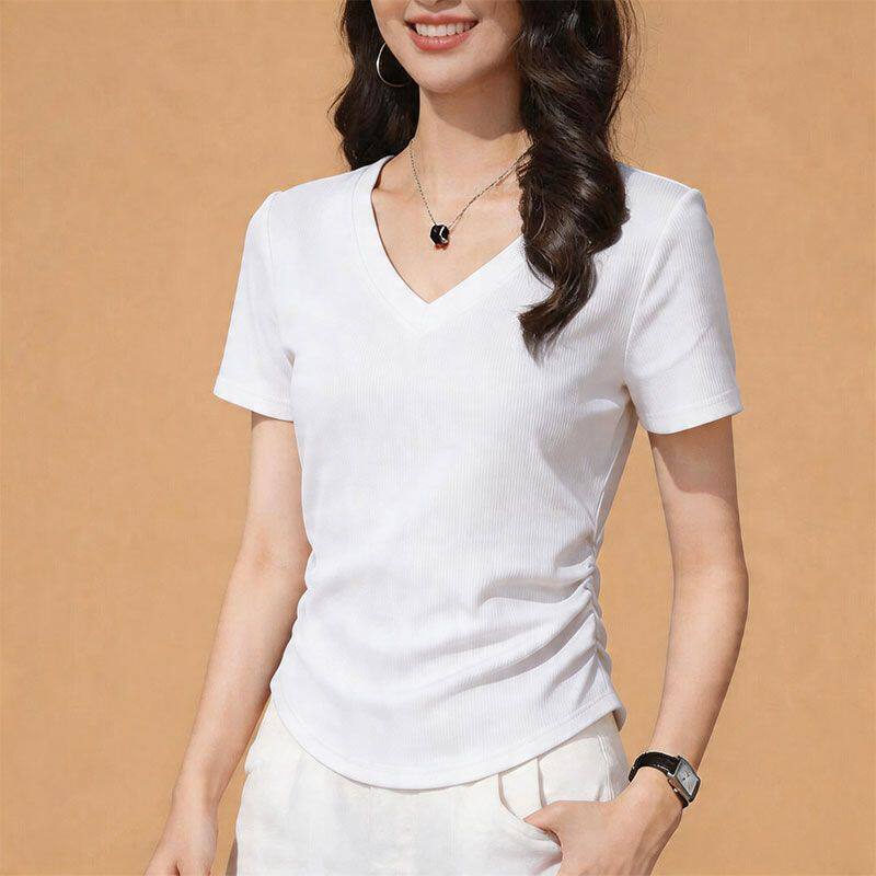 广场舞服装上衣设计感短袖t恤女夏季2026新款白色洋气v领显瘦上衣