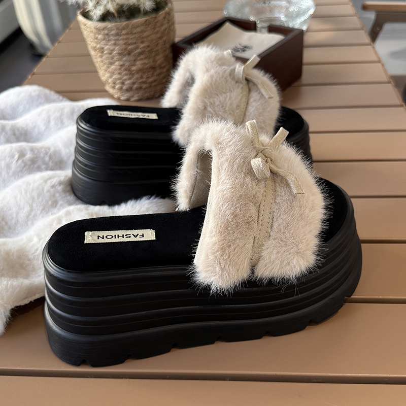 小个子松糕增高外穿蝴蝶结棉拖