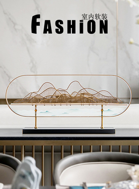 轻奢新中式铁艺假山样板间书房玄关柜摆件酒店办公桌高端软装饰品