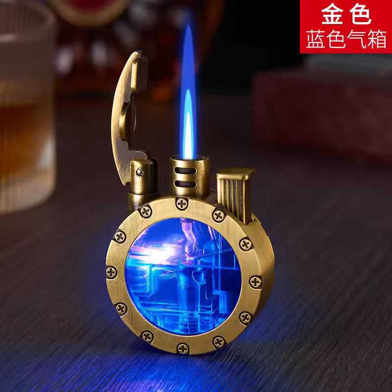 新款圆形透明油仓金属摇臂煤油打火机复古防风创意LED礼品打火机