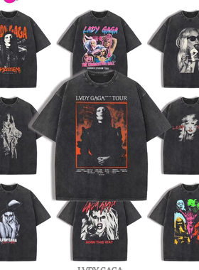 欧美LadyGaga美式复古纯棉水洗做旧短袖t恤男女夏季宽松高街潮牌U
