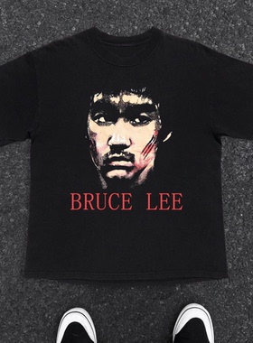 美式复古Bruce Lee李小龙260g印花短长袖T恤男黑色圆领纯棉上衣潮