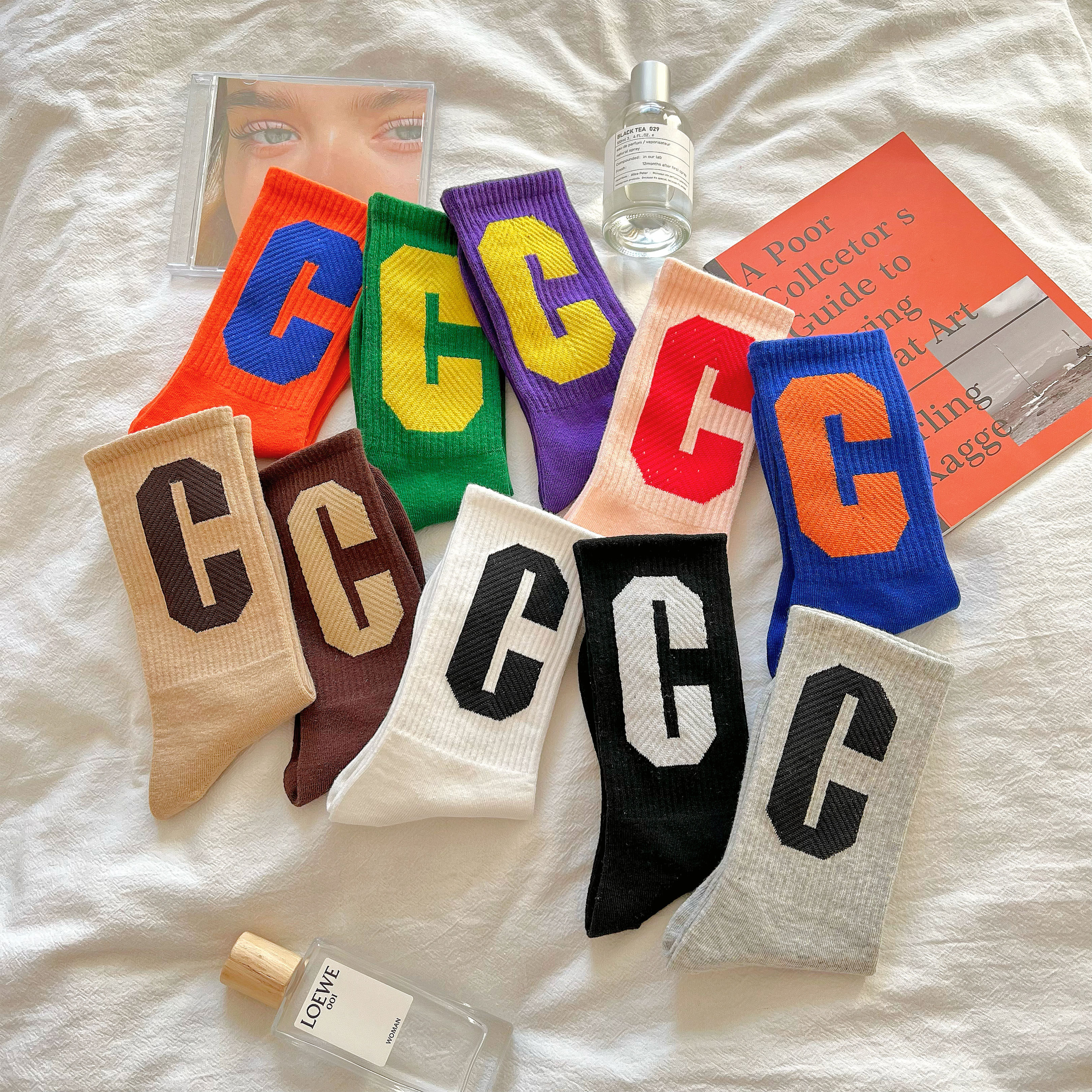 网红同款字母c袜子女ins潮长袜韩版春秋冬高帮外穿中筒袜时尚百搭