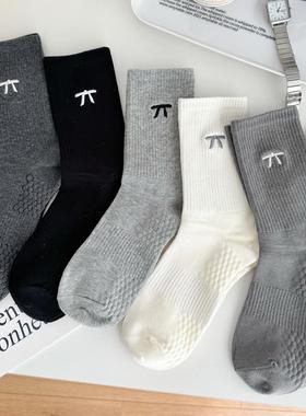 网红款灰色刺绣蝴蝶结袜子女中筒袜ins潮简约百搭按摩底运动长袜