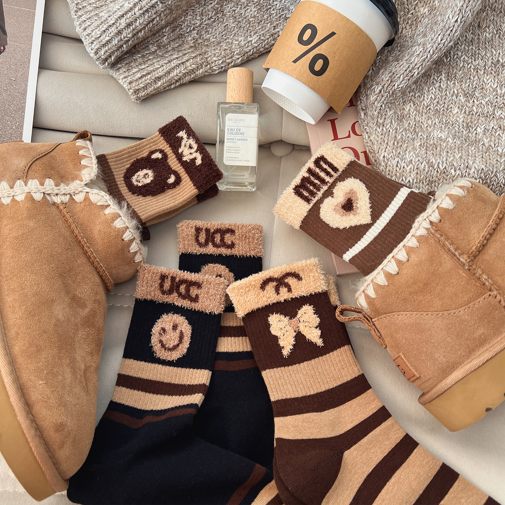 保暖女纯棉植绒中筒女袜