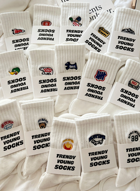 白色袜子女中筒袜ins潮卡通刺绣情侣男款黑色运动长筒袜百搭韩版