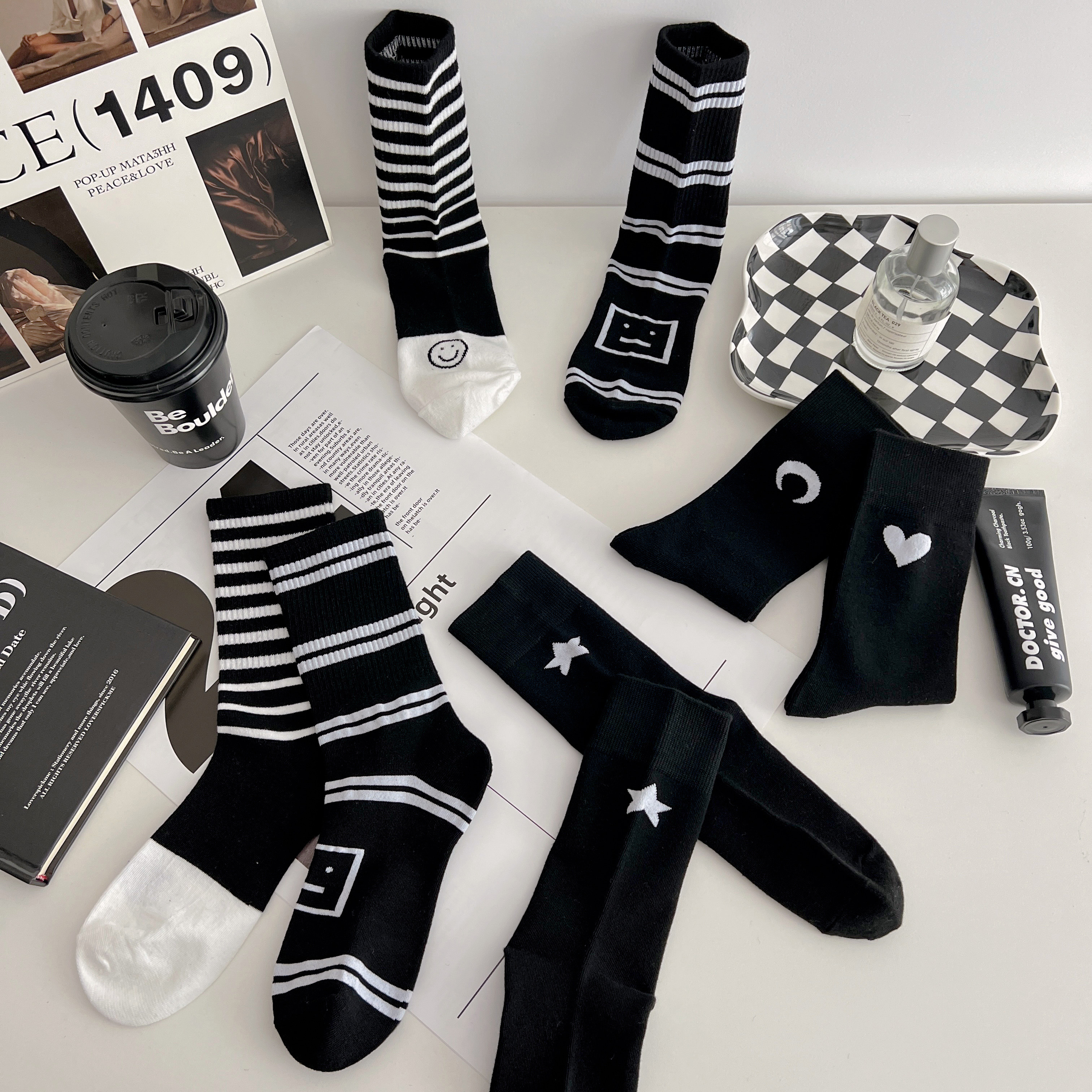 经典黑系列五色混装中筒袜