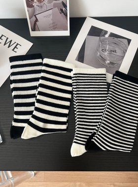 黑白色条纹袜子女中筒袜ins潮百搭纯棉秋冬季运动长袜抖音网红款