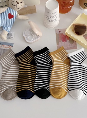 百搭条纹袜子女纯棉短袜春夏季薄款韩版学生黑白色运动袜低帮浅口