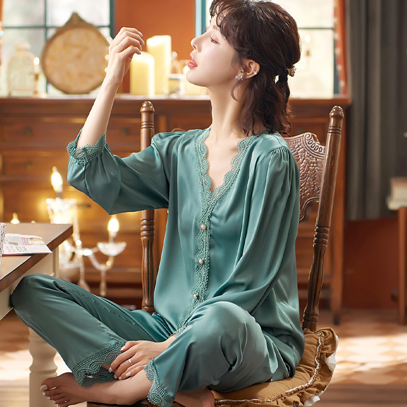 睡衣女款春秋薄款冰丝长袖两件套装夏季仿真丝绸可外穿蕾丝家居服