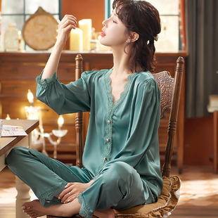 睡衣女款春秋薄款冰丝长袖两件套装夏季仿真丝绸可外穿蕾丝家居服