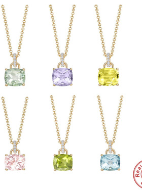 S925纯银CZ彩钻方形吊坠锁骨项链韩版气质轻奢日常上班族搭配项饰