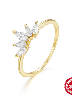 S925纯银马眼镶钻食指戒指韩版轻奢时尚优雅个性指环镀18K金戒指