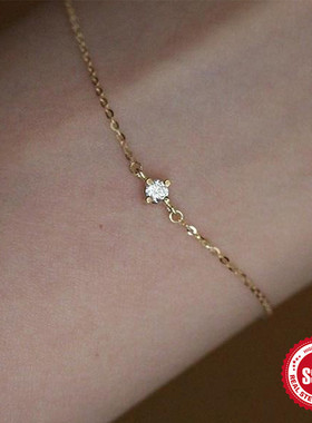 欧美时尚简约经典单钻S925纯银镀金手链 锆石超百搭日常气质细手