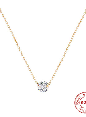 S925纯银耀眼漂浮圆形独钻锁骨链日韩极简INS风超闪镶钻项链项饰