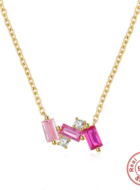 S925纯银个性方形彩色镶钻女士锁骨项链欧美法式风奢华高雅锁骨链