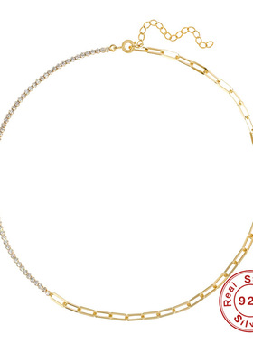 S925纯银ins风2.0网钻拼接回形针链项链欧美时尚创意款女锁骨项链