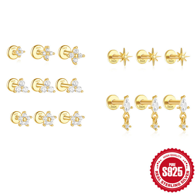 S925银精致四瓣花五瓣花平底穿刺螺纹5.6.8mm杠子穿孔耳饰套装
