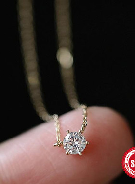 S925纯银镀金项坠百搭单钻锁骨链欧美时尚简约六爪款锆石银项链女