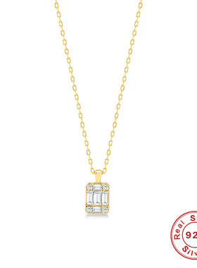 S925纯银方形吊牌镶钻气质通勤锁骨项链欧美时尚简约ins风锁骨链