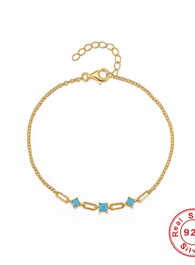 S925纯银绿松石锆石组合回形针手链韩版气质INS极简日常穿搭手饰