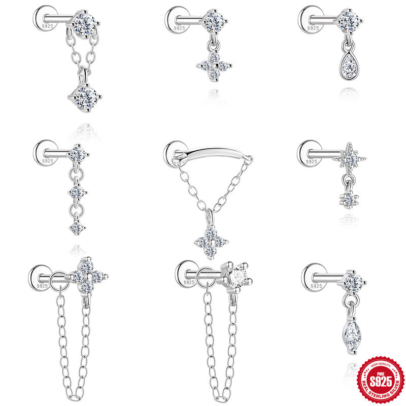 欧美ins简约流苏链条莫桑钻s925纯银螺纹穿刺软骨耳钉16G耳骨钉