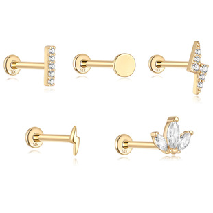 14k金欧美ins风单排直条镶钻穿刺内螺纹平底18G耳骨钉黄金耳饰