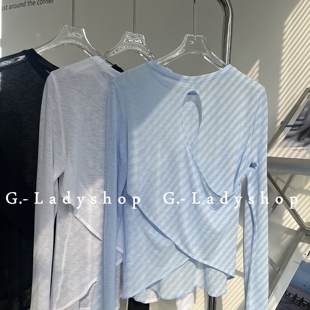 【新品价】竹节纱透气镂空交叉美背运动T恤上衣 宽松长袖罩衫