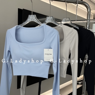 简约高级感固定杯胸垫瑜伽上衣 U领修身短款露脐长袖健身T恤