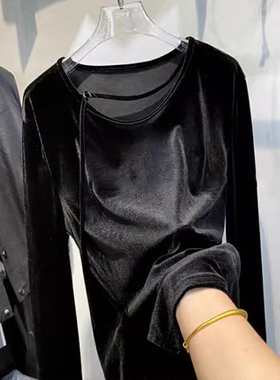 金丝绒上衣女长袖春高级感大码大码设计感小衫内搭黑色遮肉打底衫
