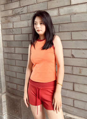 撞色工字背心女夏外穿修身橙色运动瑜伽无袖上衣吊带旅游打底背心