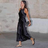 吊带连衣裙夏2025年爆款 高级感黑色无袖 背心裙子醋酸缎面气质长裙