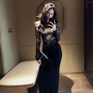 黑色蕾丝连衣裙女年会礼服裙拼接丝绒大码高级感气质包臀打底长裙