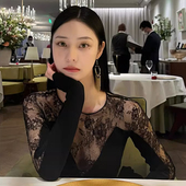 蕾丝上衣女性感衣服镂空T恤法式 黑色拼接设计感黑色别致漂亮小衫