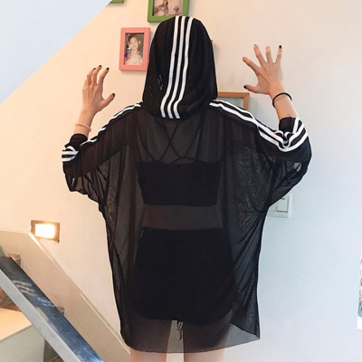 短袖韩版薄款网纱女宽松连帽纱衣