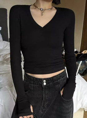 长袖正肩小衫V领上衣女棉套手指
