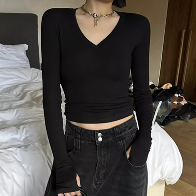 长袖正肩小衫V领上衣女棉套手指