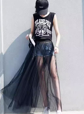 网纱半身裙女夏旅游度假泳衣罩裙镂空长纱裙大码松紧腰高腰A字裙