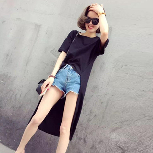 别致大码 遮垮前短后长不规则上衣 t恤女夏网红港风黑色中长款 短袖