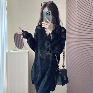 中长款 开叉内搭衬衫 罩衫 镂空V领大码 宽松蕾丝上衣 女春夏季 蕾丝衫